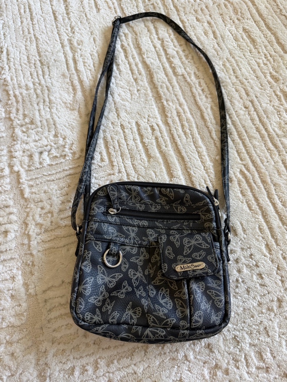 MultiSac Black Butterfly Print Crossbody Bag Organizer Purse Multi Pocket